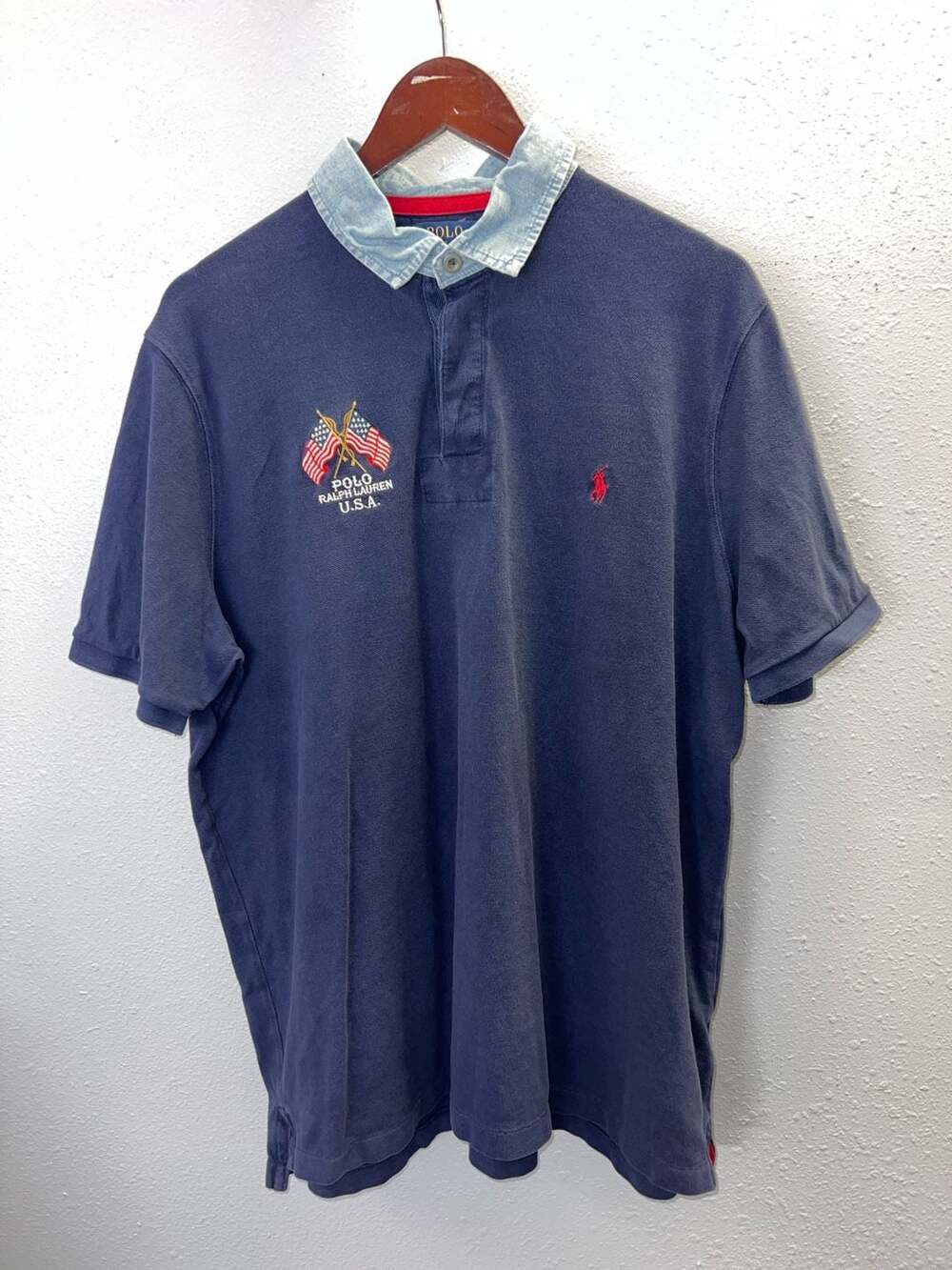 Vintage Polo Ralph Lauren USA Flag Denim Collar Rugby Polo Shirt Navy XL 0623
